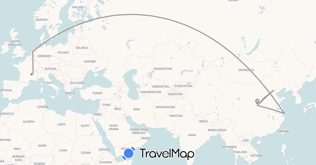 TravelMap itinerary: driving, plane in China, France, Netherlands (Asia, Europe)